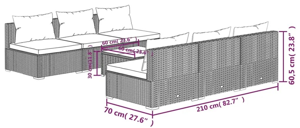 Set Divani da Giardino 7 pz con Cuscini in Polyrattan Grigio