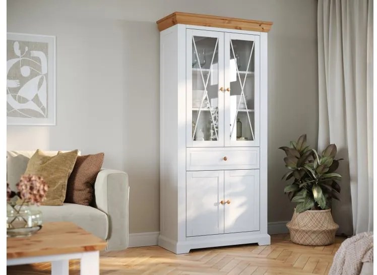 Vetrina legno massello pino due ante bianca naturale shabby