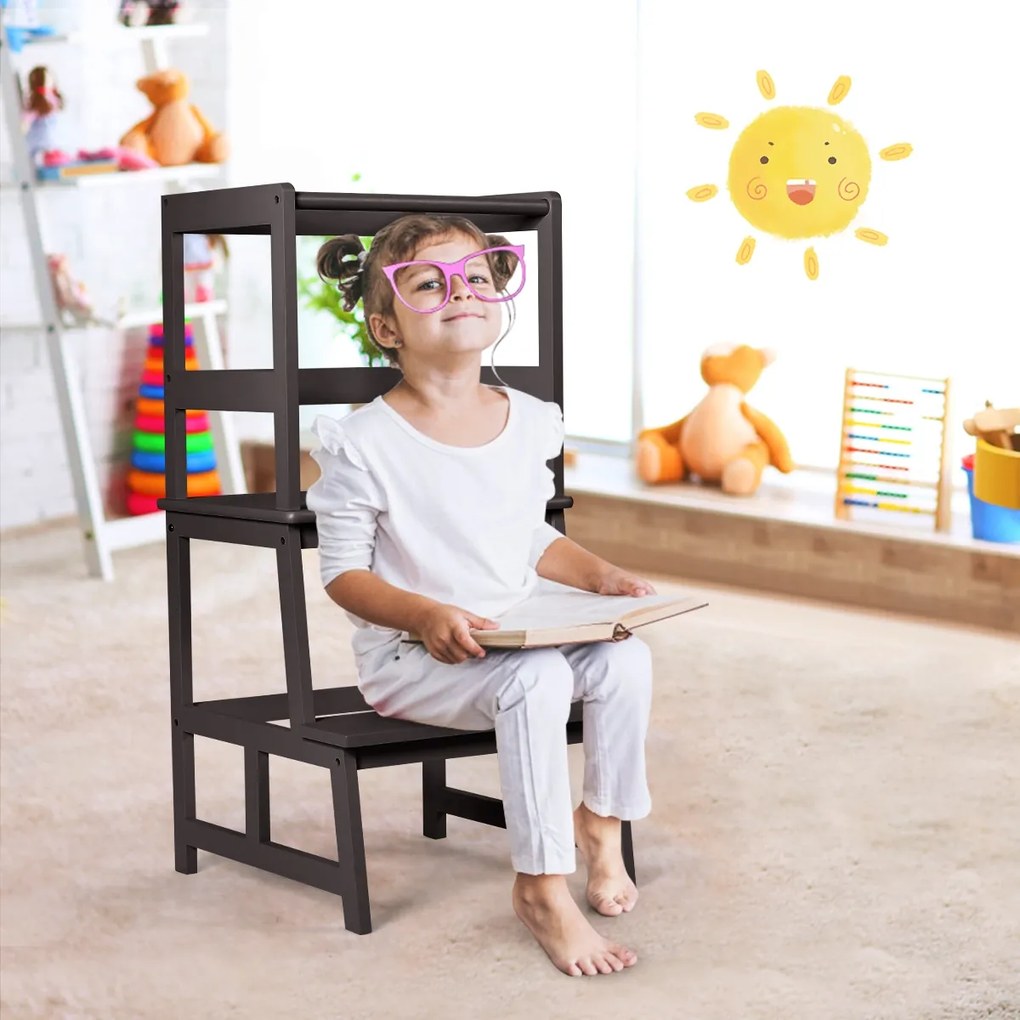 Costway Sgabello a gradini per bambini con barriera di sicurezza, Sgabello multiuso da cucina in solido bambù Marrone