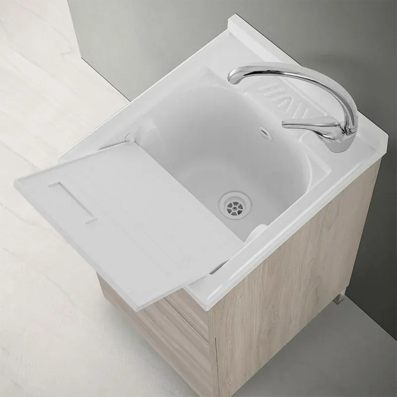 Mobile lavatoio 45x50 cm 1 anta rovere grigio con vaschetta in resina