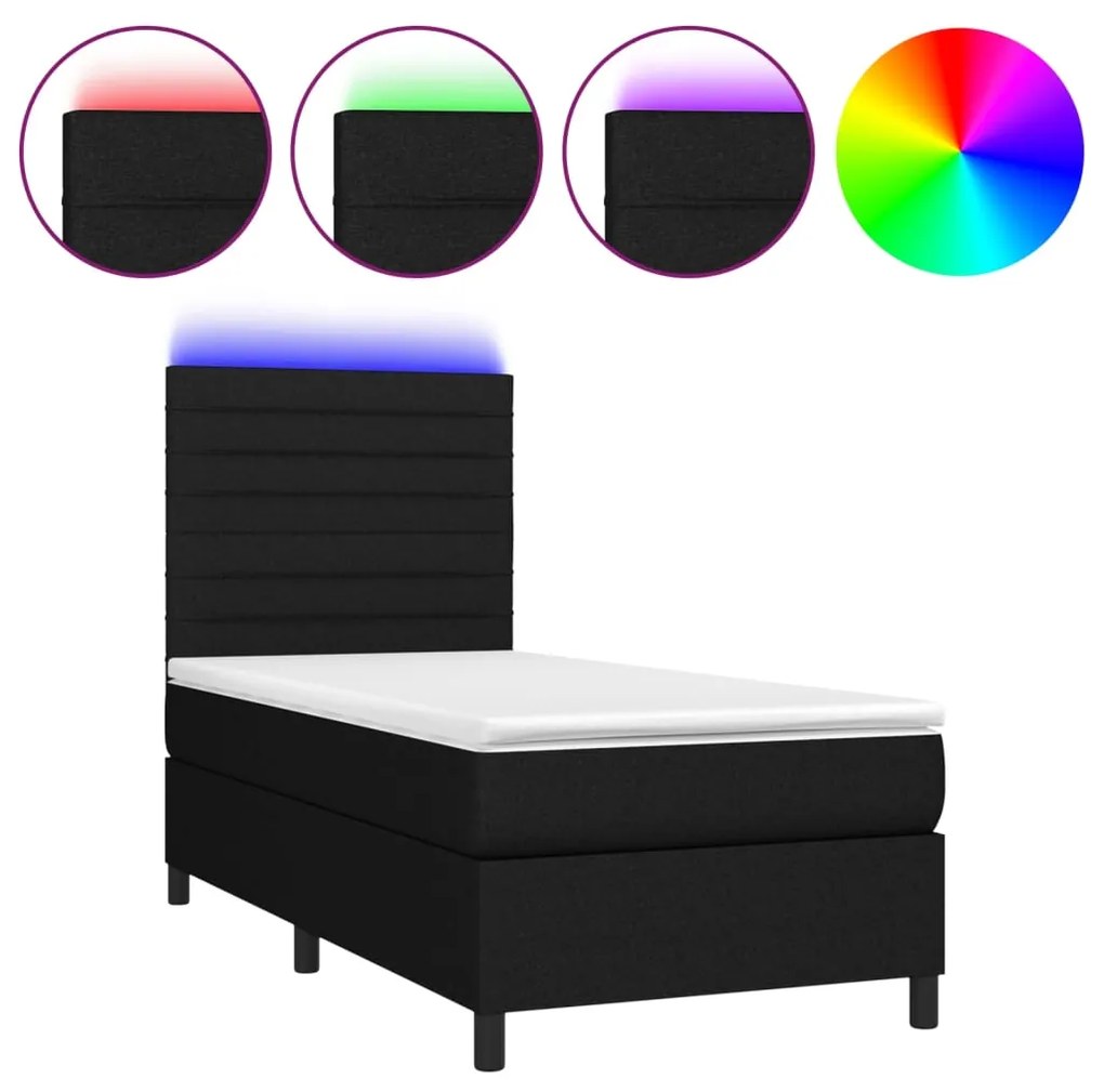 Letto a molle con materasso e led nero 80x200 cm in tessuto