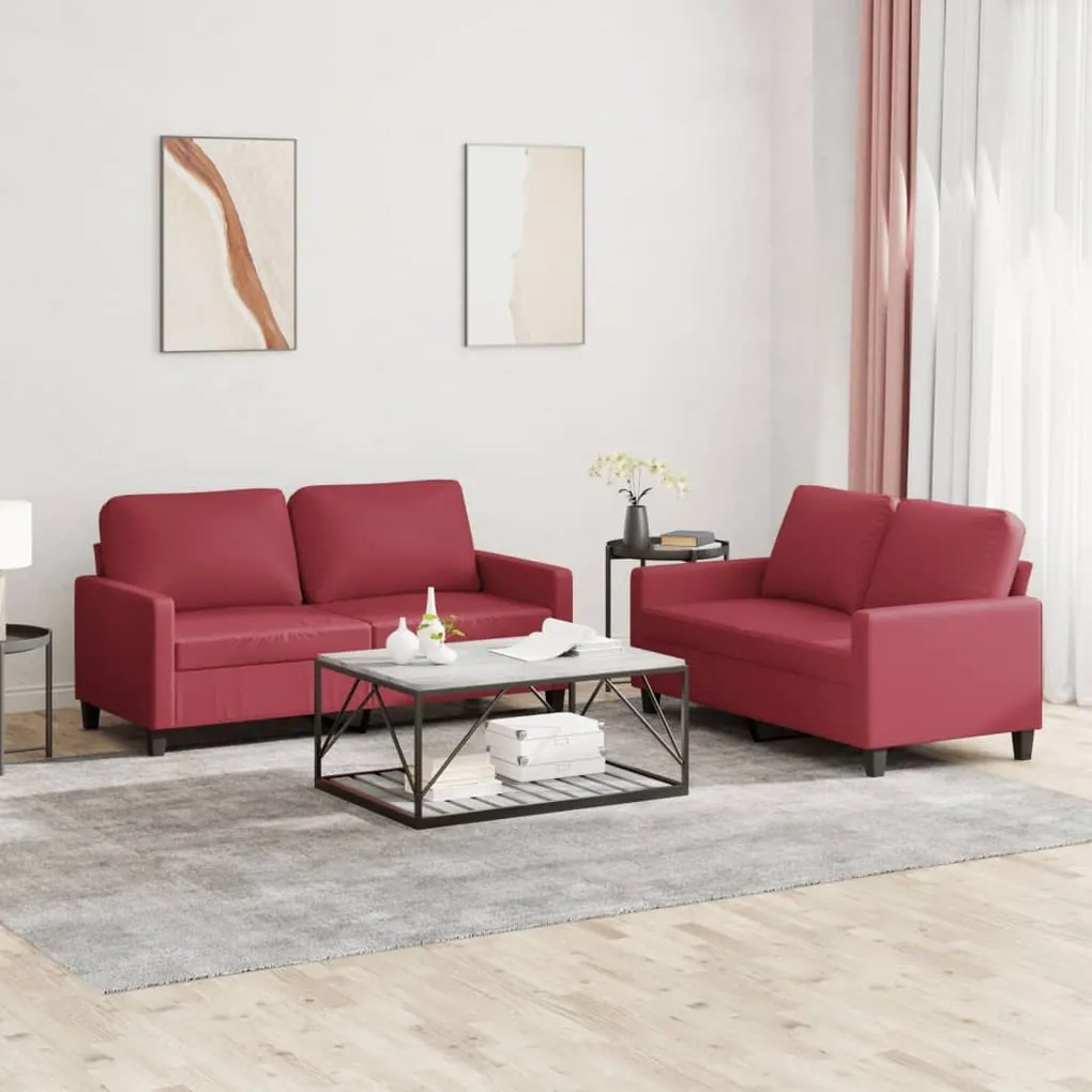 Set Di Divani 2 Pz Con Cuscini Rosso Vino İn Similpelle /