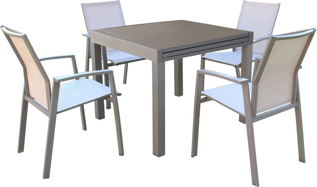 JERRI - set tavolo in alluminio cm 90/180 x 90 x 75 h con 4 poltrone Lotus