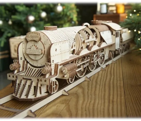 Ugears - 3D puzzle meccanico in legno V-Express locomotiva a vapore con carrello