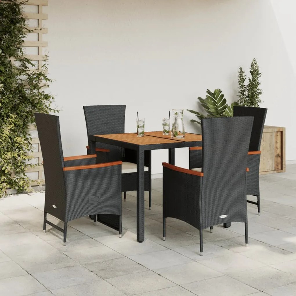 Set da pranzo da giardino 5 pz nero con cuscini in polyrattan