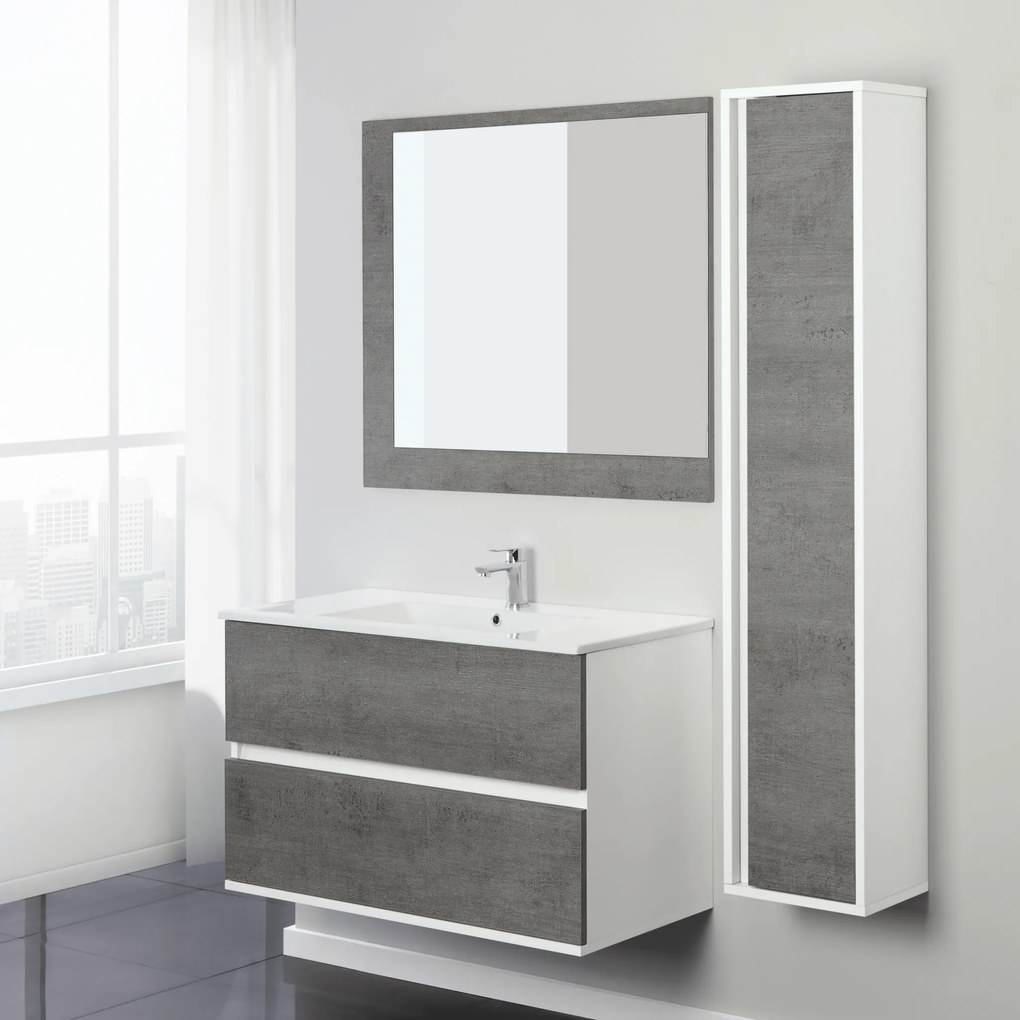 Mobile Bagno Sospeso 90 Cm Due Cassetti Specchio Su Pannello 90x80 Cm Feridras "Fabula" Bianco/Cemento