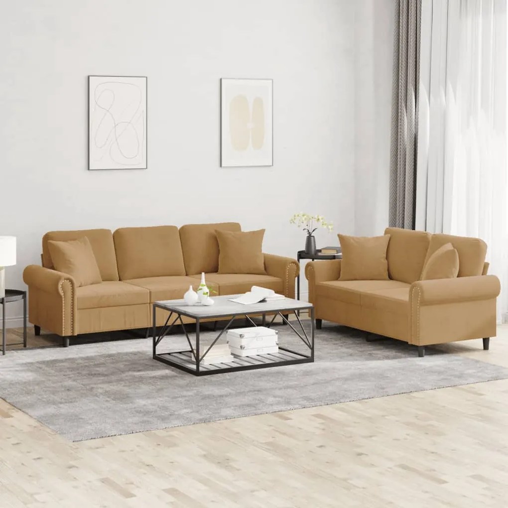 Set Di Divani 2 Pz Con Cuscini Marrone İn Velluto /