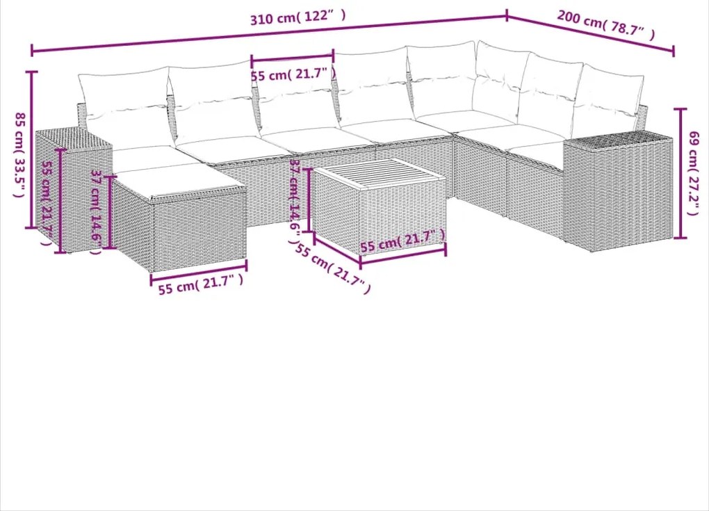 Set divani da giardino 9 pz con cuscini nero in polyrattan