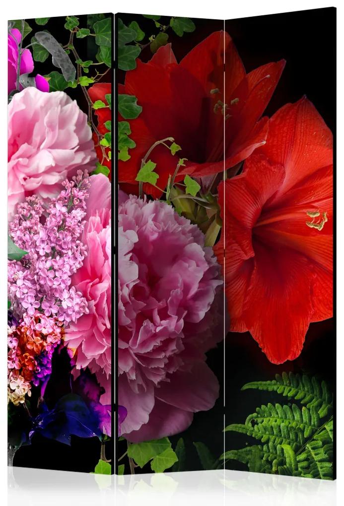 Paravento Sera di giugno (3-parti) - fiori colorati e piante verdi