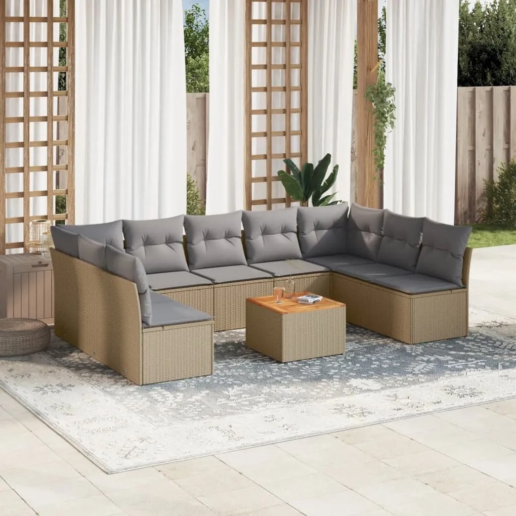 Set divano da giardino 10 pz con cuscini beige misto polyrattan