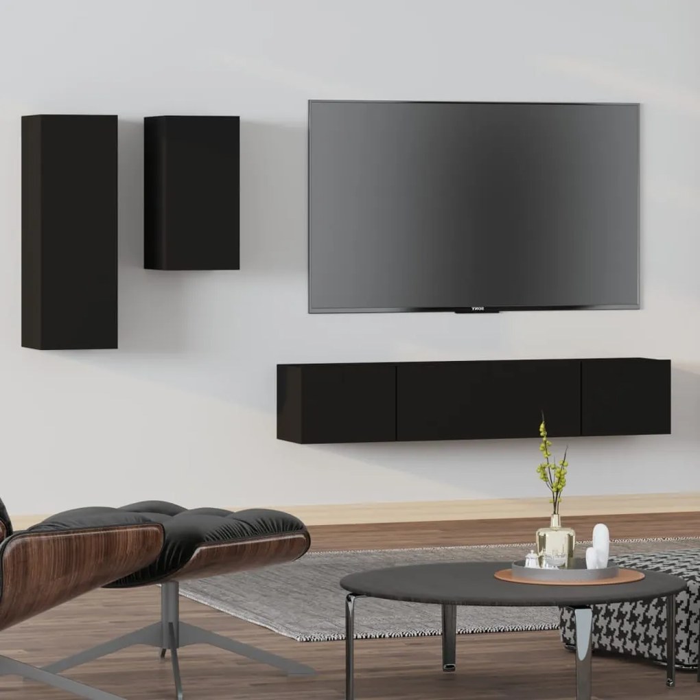 Set Mobili Porta Tv 4 Pz Nero İn Legno Multistrato /