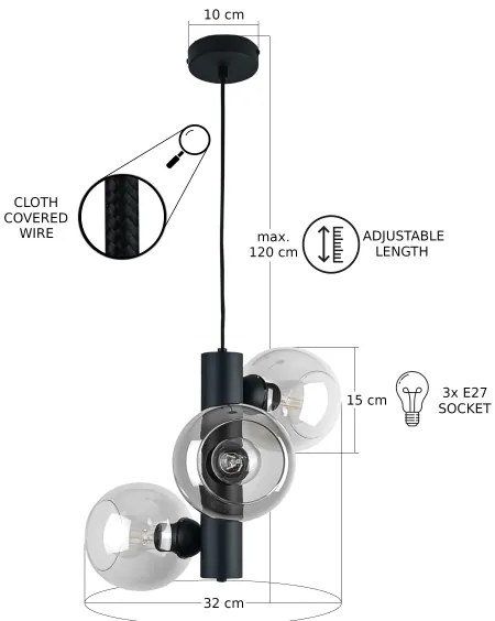 Lampadario a sospensione con filo TUBE 3xE27/60W/230V nero/limpido