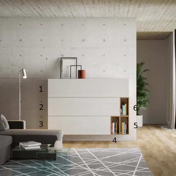 Parete soggiorno ribalta Isoka A19 L.174 P.39,5 Bianco e Quercia