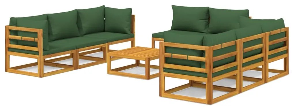 Set salotto da giardino 9pz con cuscini verdi in legno massello