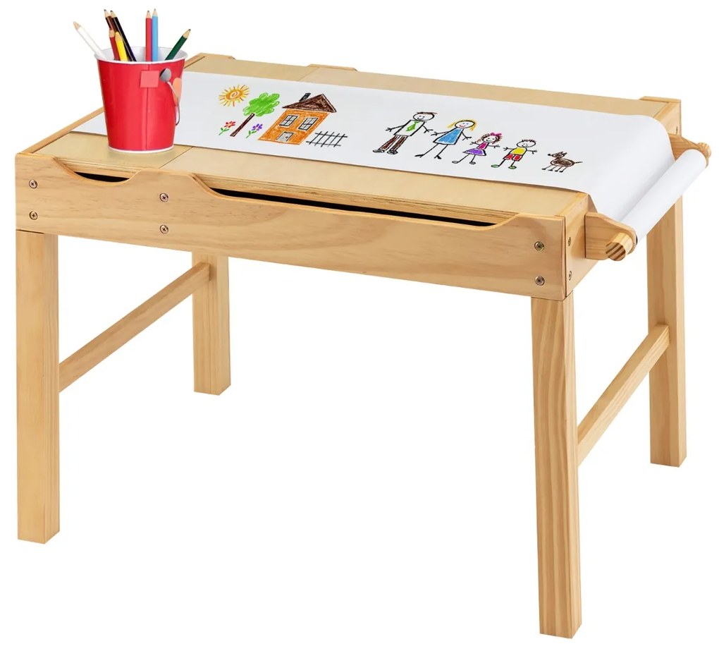 Costway Tavolo multiattività bambini con piano reversibile porta rotolo di carta da disegno, Tavolo costruzioni