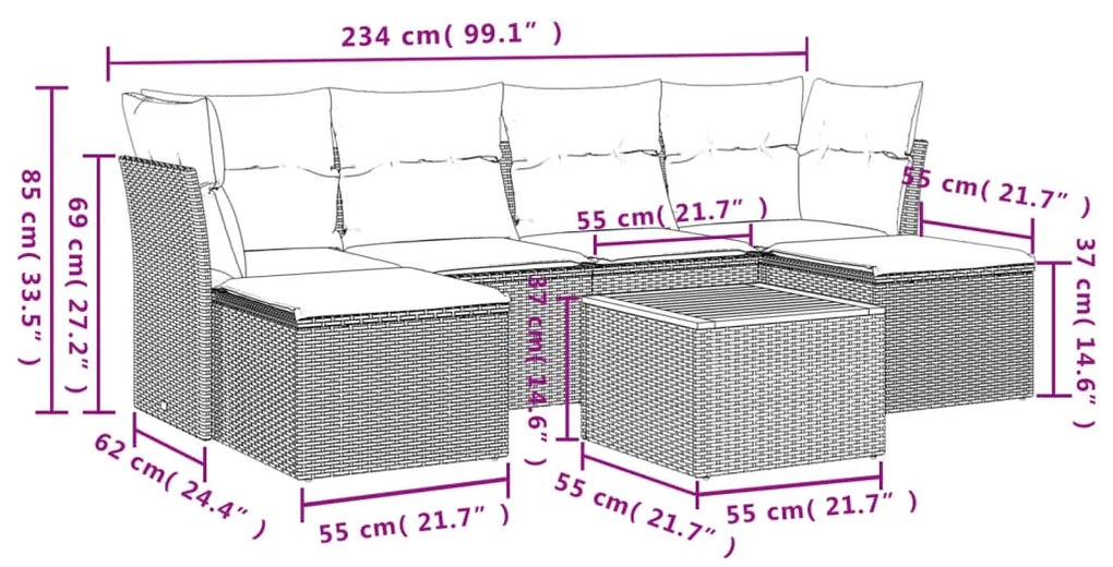 Set divani da giardino 7 pz con cuscini beige in polyrattan