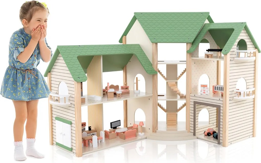 Costway Casetta delle bambole ad angolo in legno, Casa delle bambole con tetto verde con 36 mobili e accessori Verde