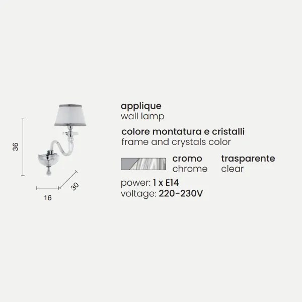 Applique 16 cm BACH senza paralume in vetro trasparente 1 Luce Cromo