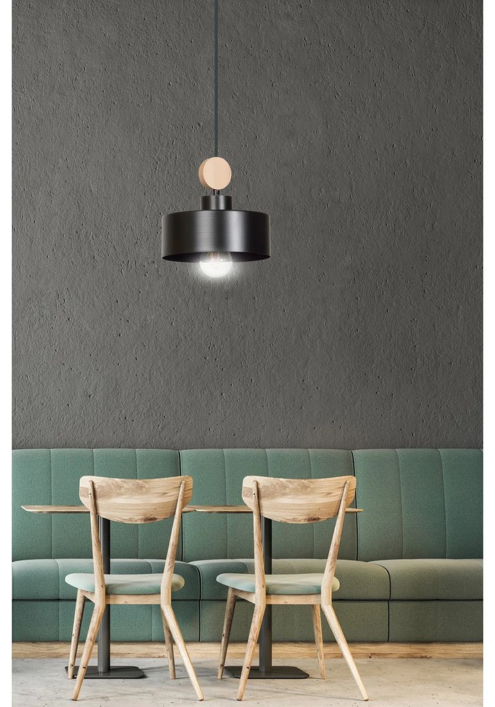 Sospensione 1 Luce Zhurong In Acciaio Nero E Legno Naturale