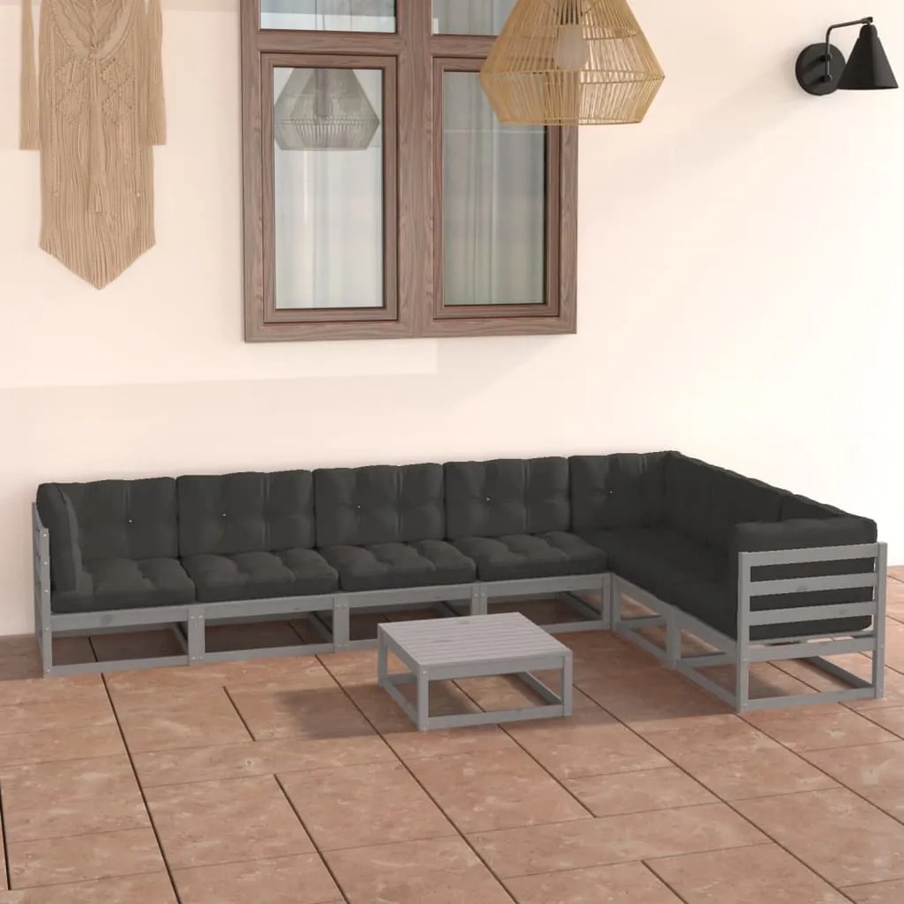 Set divani da giardino 8 pz con cuscini grigio massello di pino