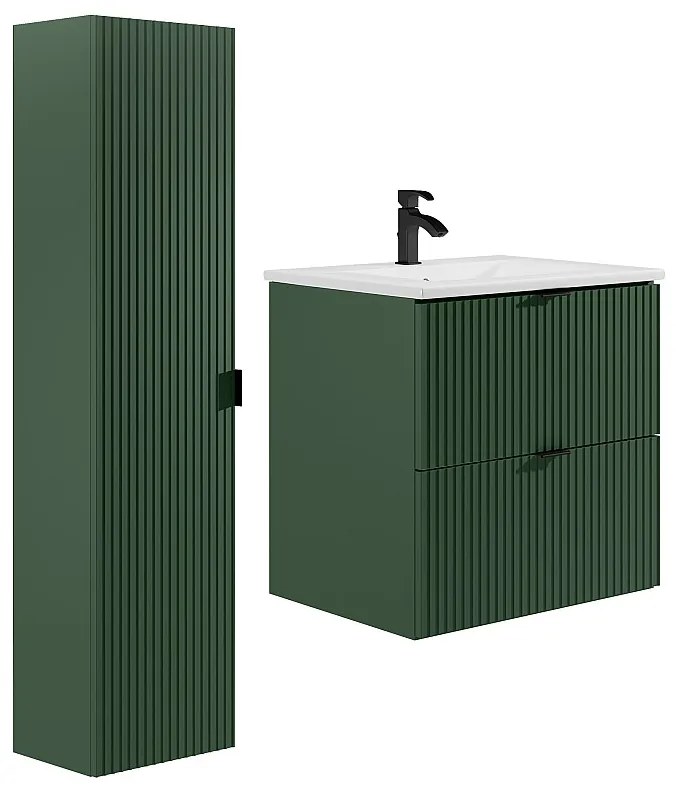 Mobile per bagno sospeso con scanalature con lavabo da incasso e colonna - Verde opaco - 60 cm - ZEVINI