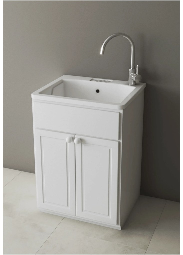 Lavatoio a Terra Per Esterno 60x50 Due Ante Con Vasca Sifone e Tavoletta In Plastica Xilon "Meteo" Bianco Lucido