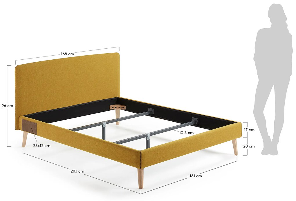 Kave Home - Letto Dyla sfoderabile senape, con gambe in faggio massiccio per materasso da 150 x 190 cm