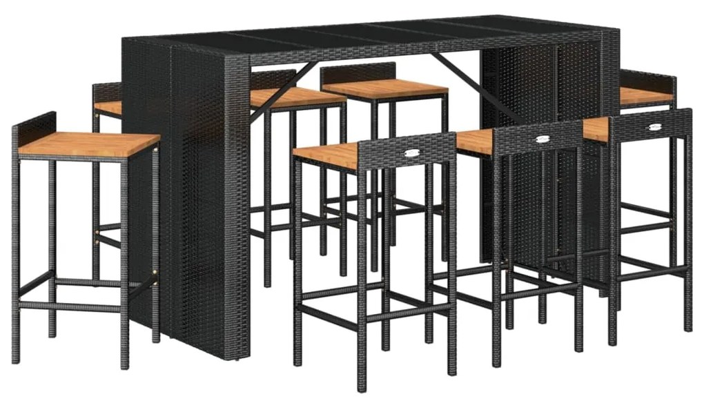 Set bar giardino 9 pz nero polyrattan e legno massello acacia