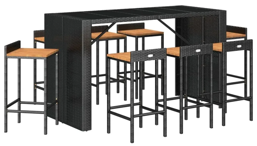 Set bar giardino 9 pz nero polyrattan e legno massello acacia