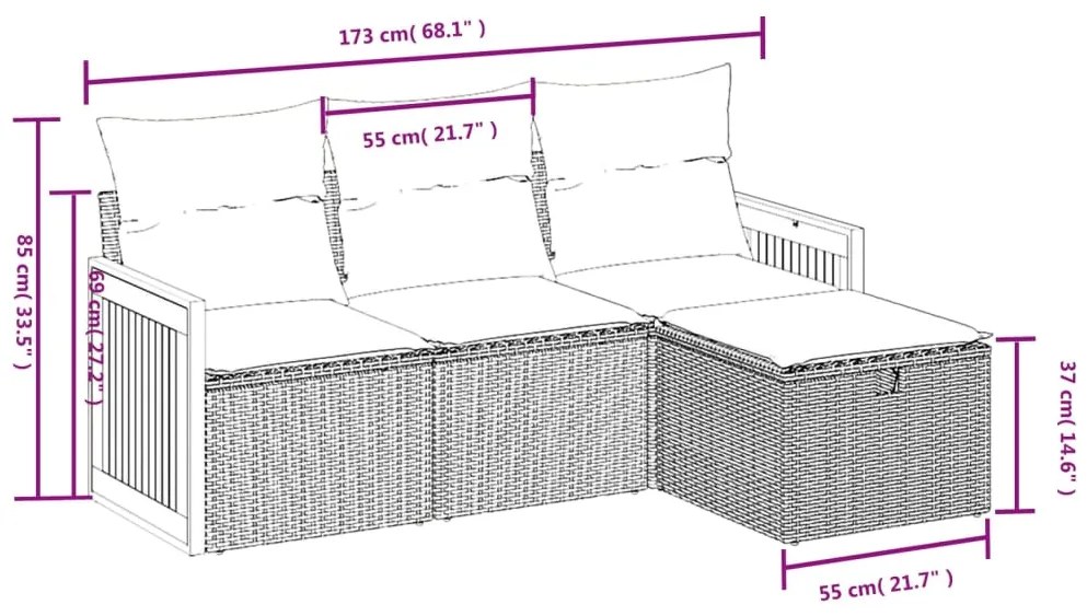 Set divani da giardino 4 pz con cuscini nero in polyrattan