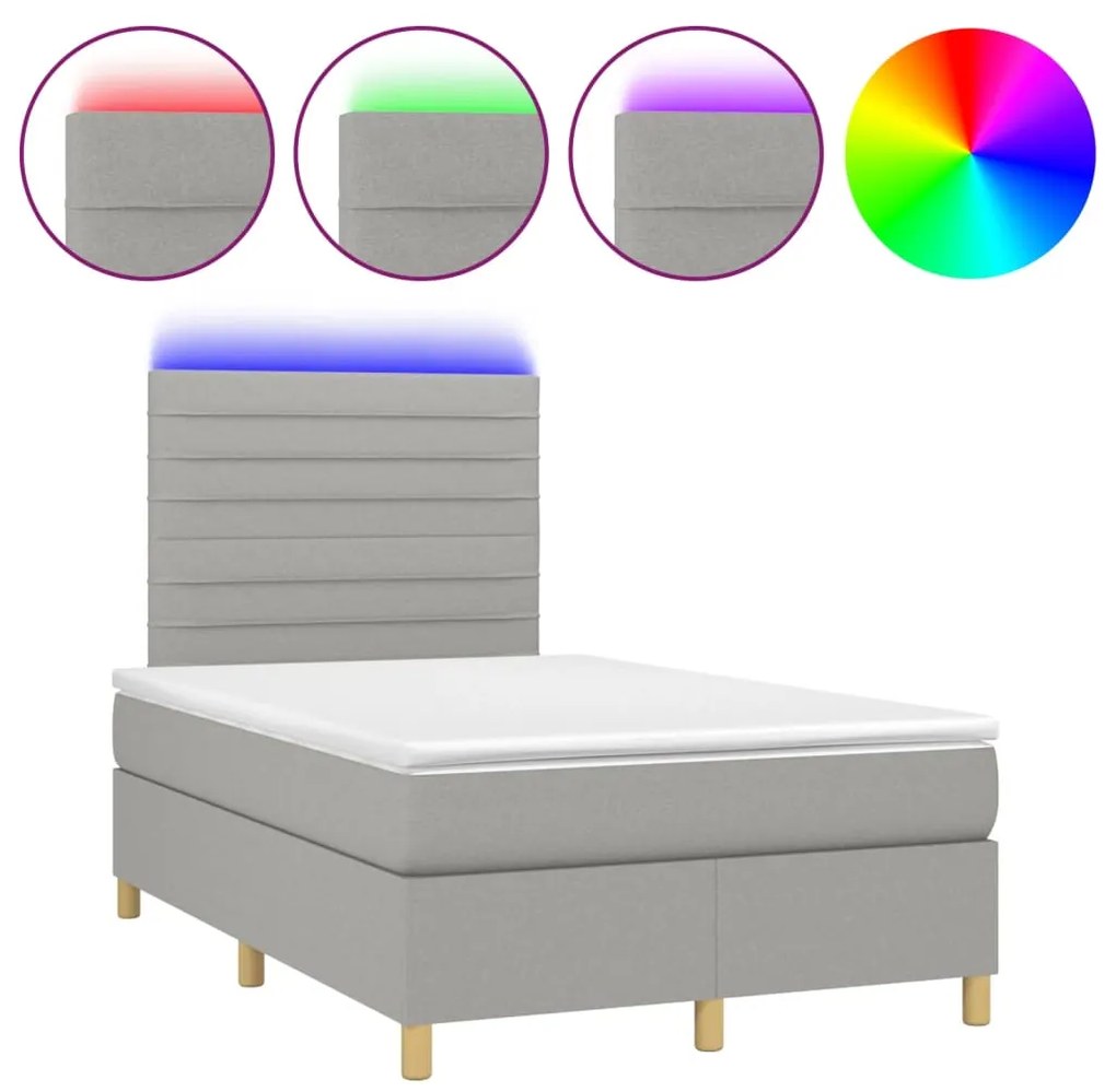 Letto a molle materasso e led grigio chiaro 120x190 cm tessuto