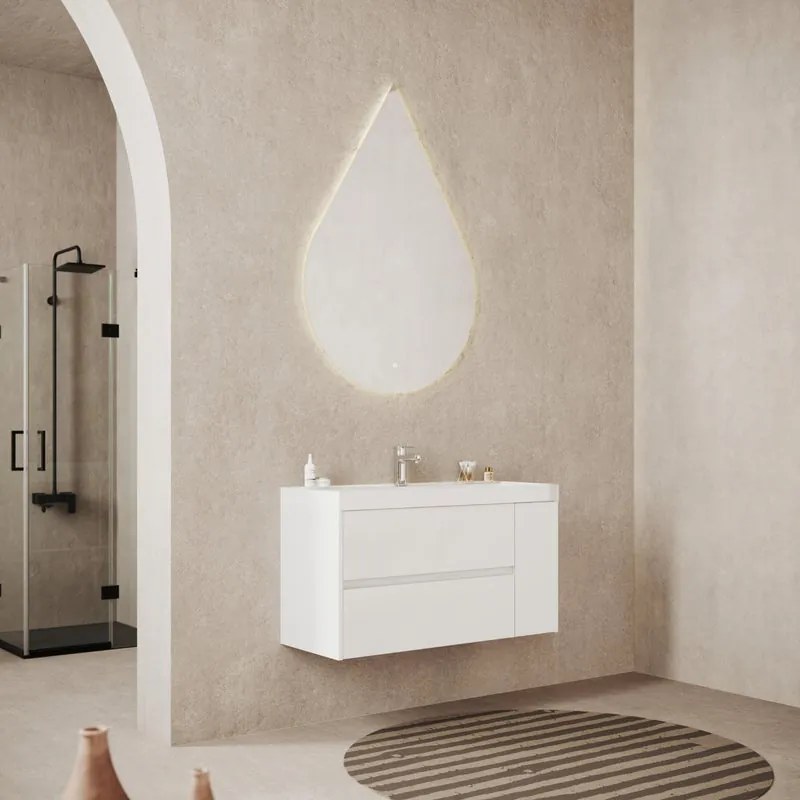 Base sospesa Portofino 100 cm con lavabo e 2 cassetti e 1 anta bianco opaco