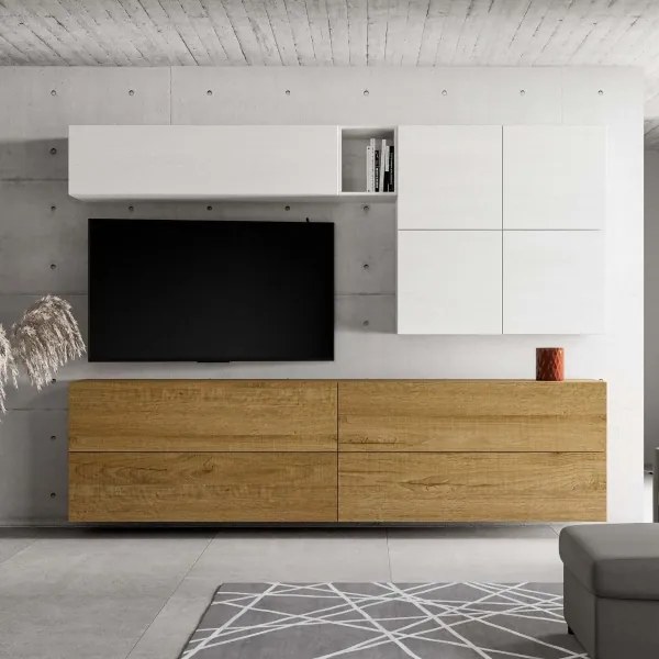 Parete soggiorno A151 L.308 P.39,5 Bianco e Quercia