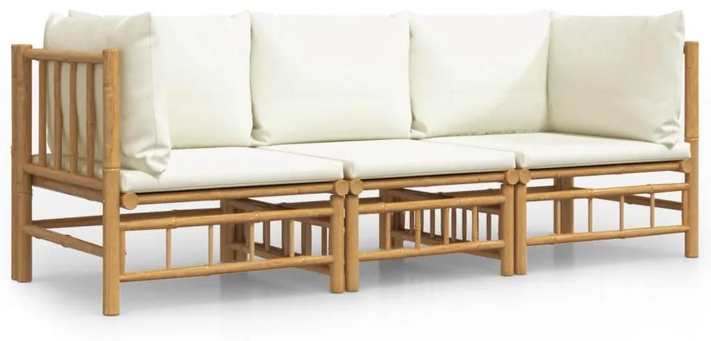 Set salotto da giardino 3pz con cuscini bianco crema in bambù