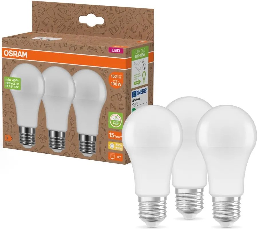 Set da 3 lampadine LED in plastica riciclata A100 E27/14W/230V 2700K - Osram