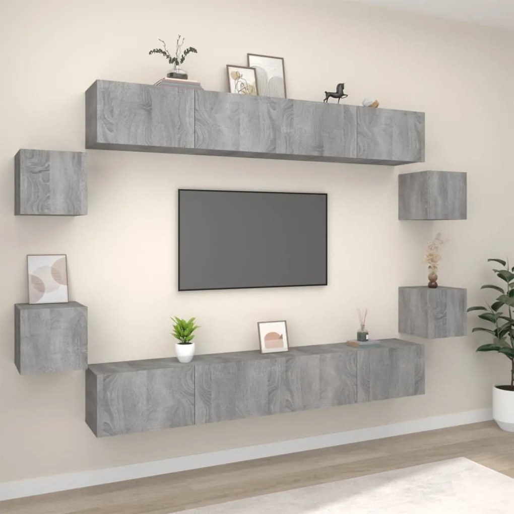 Set mobili porta tv 8pz grigio sonoma in legno multistrato