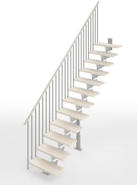 Scala a rampa dritta Vida IRIS, larghezza 60 cm, struttura in acciaio grigio argento, gradini in legno faggio, colore bianco