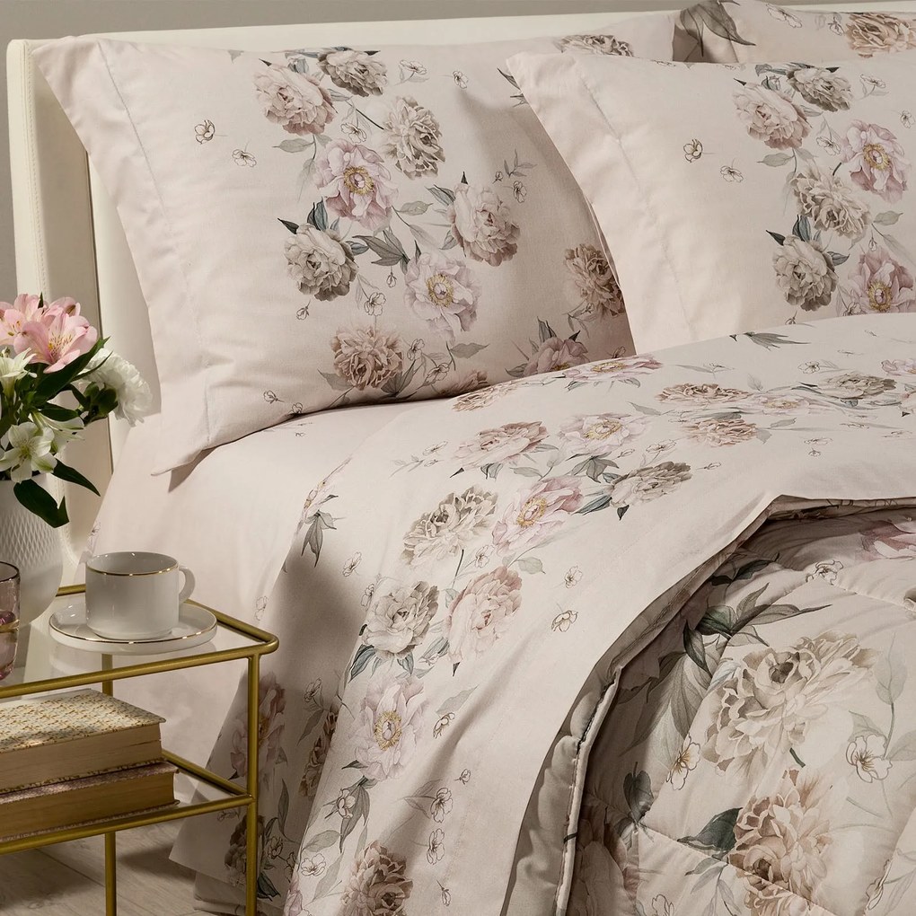Completo Lenzuola in Cotone Peonia Queen Matrimoniale
