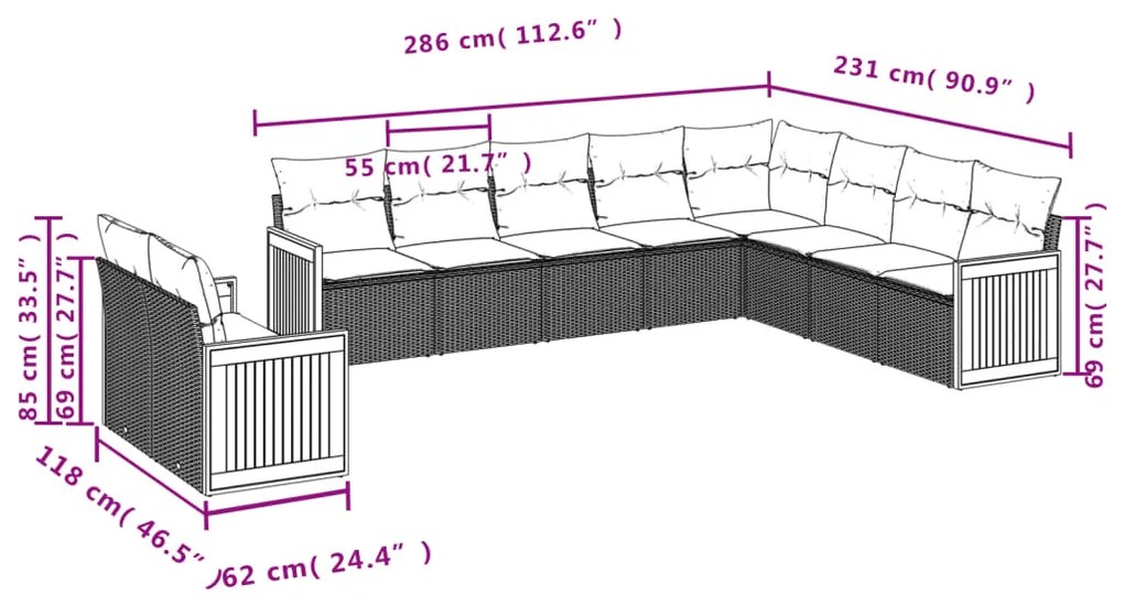 Set divani da giardino 10pz con cuscini in polyrattan nero