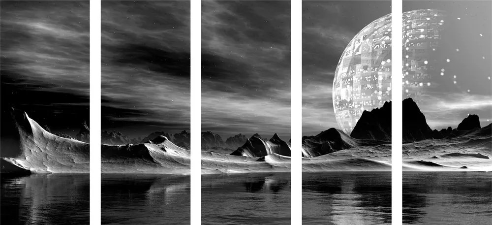 Quadri 5 pezzi – Pianeta futuristico in bianco e nero