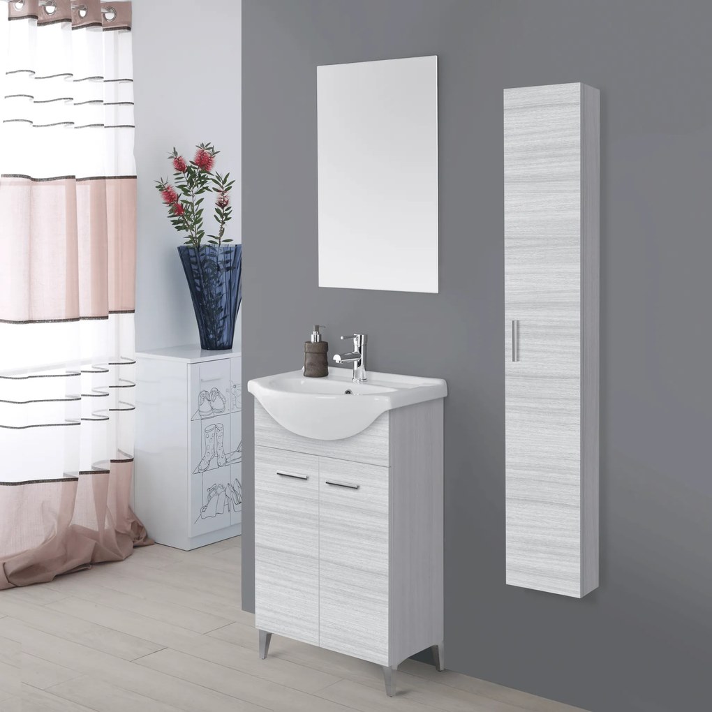 Mobile Bagno a Terra 55 Cm Due Ante Specchio Feridras "Stella" Grigio