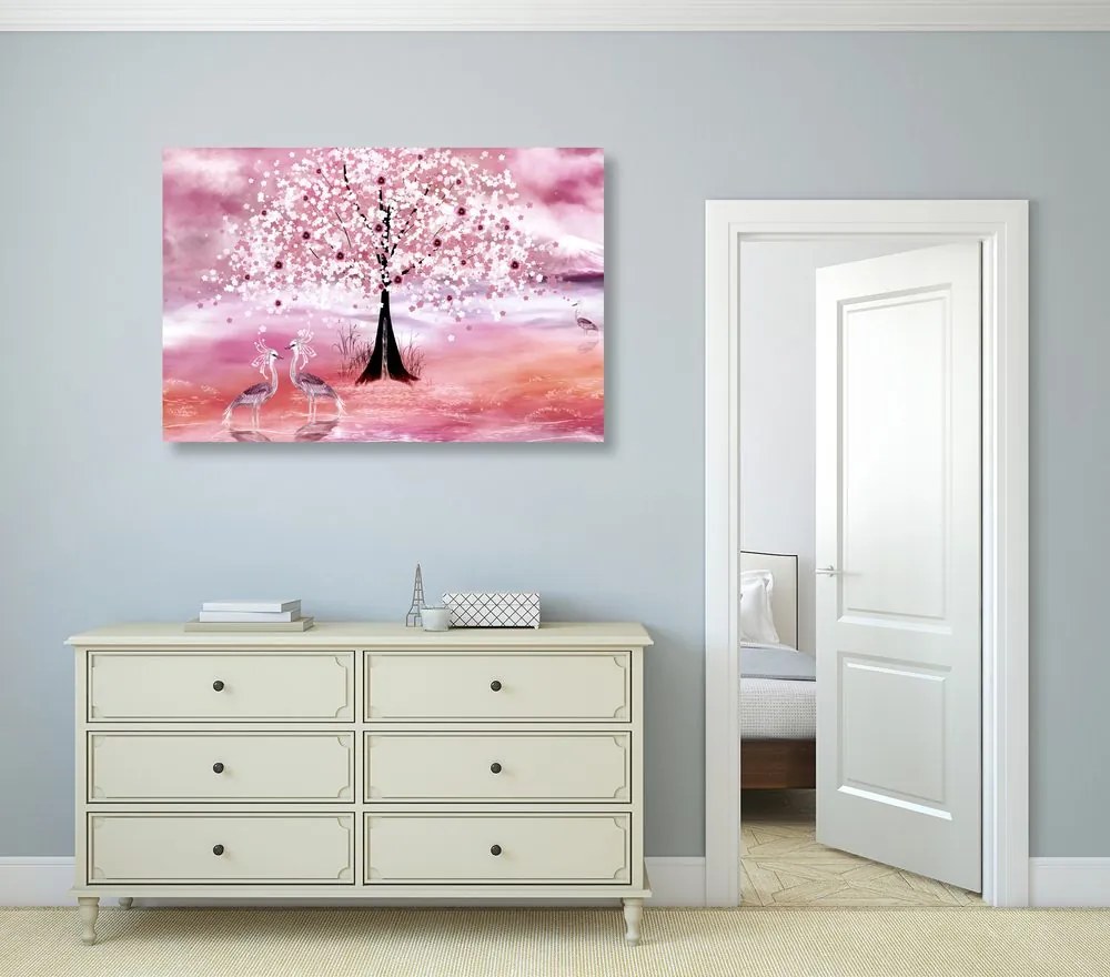 Stampa su tela – Aironi sotto un albero magico in versione rosa