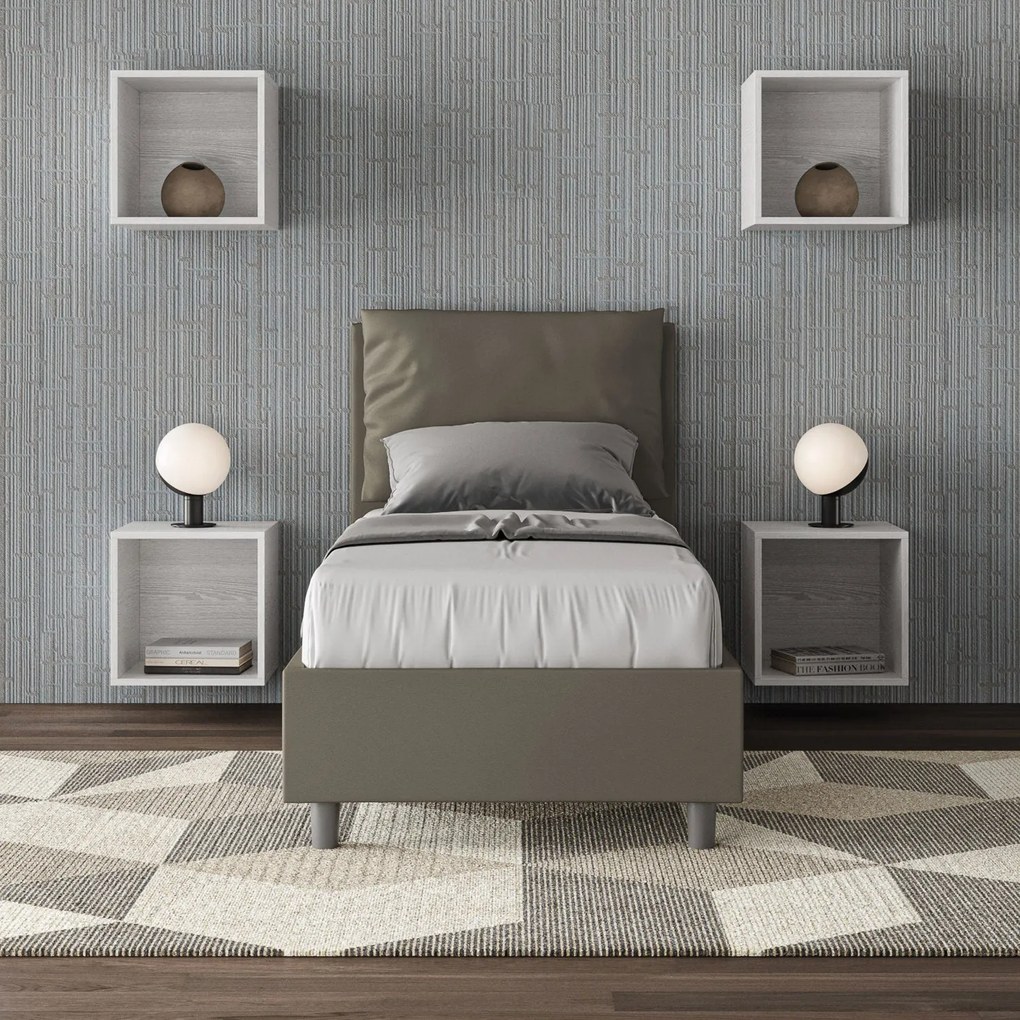 Letto singolo imbottito similpelle Antea con e senza rete e contenitore 80x210, Cappuccino / Con Rete