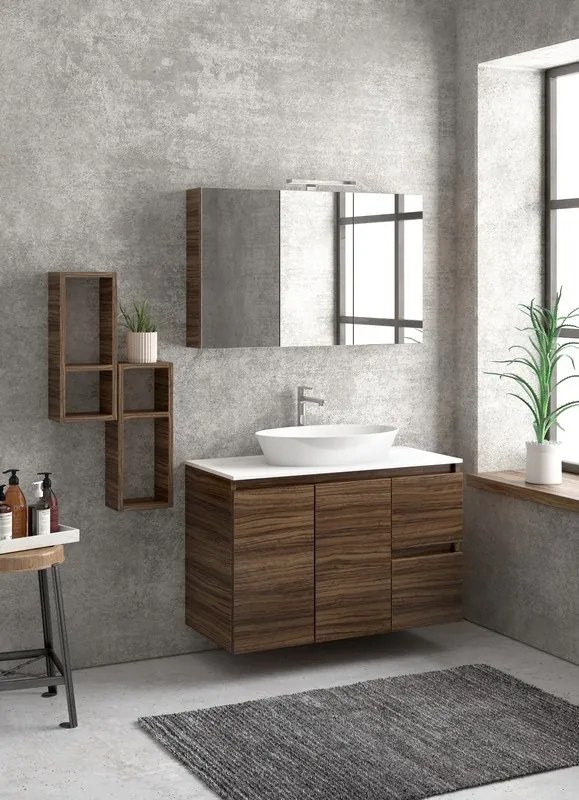 Composizione bagno sospesa 100cm: mobile, specchio e due pensili TOD-100C - KAMALU