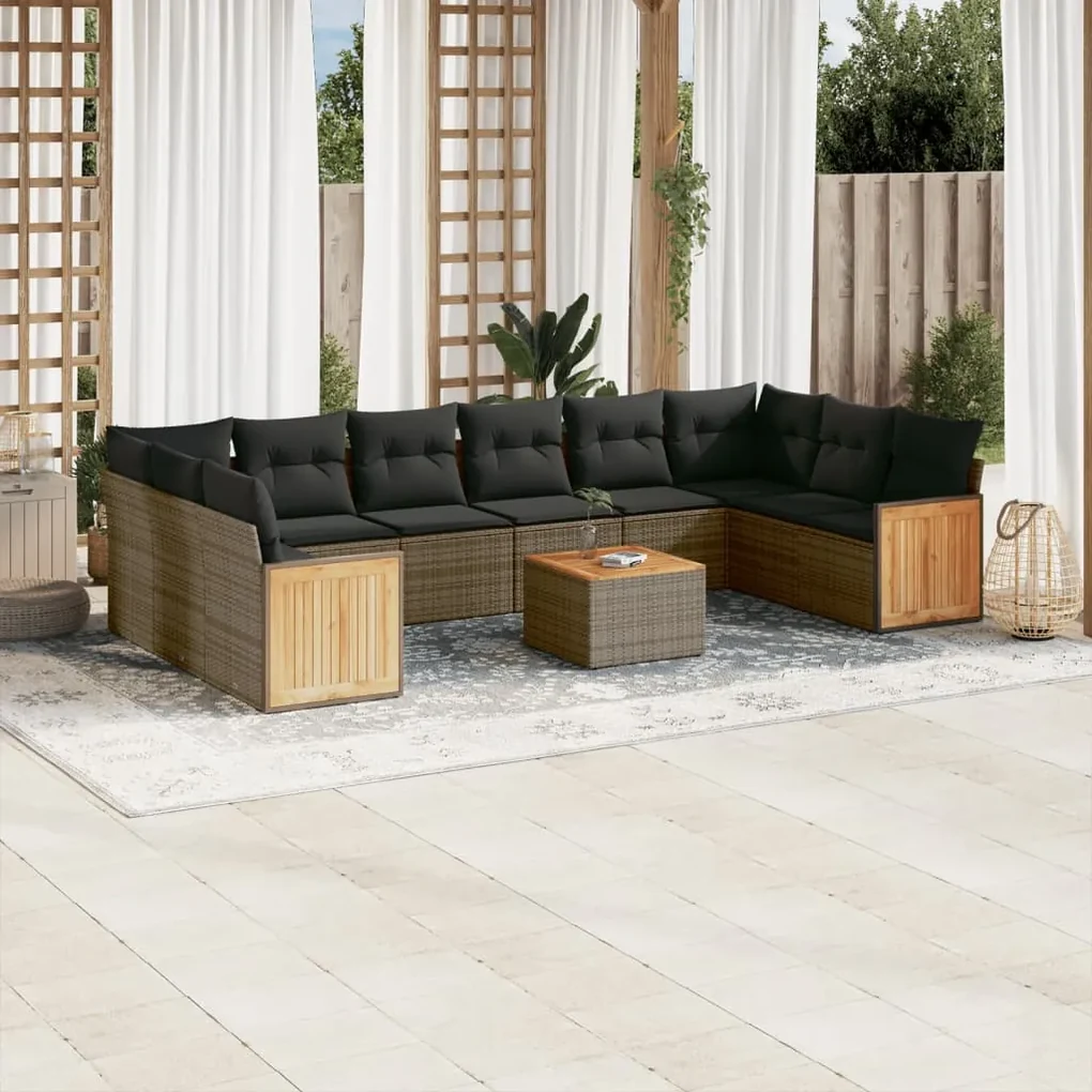 Set divani da giardino 11 pz con cuscini in polyrattan grigio