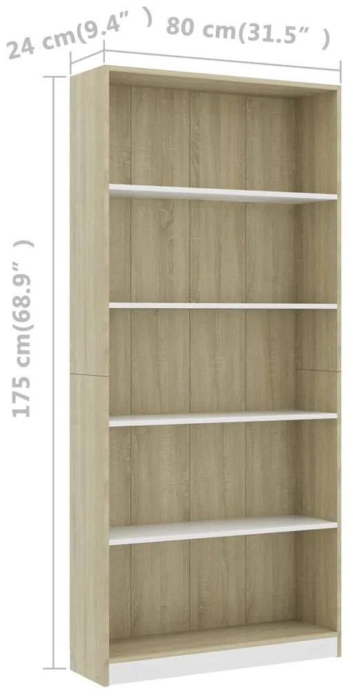 Libreria 5 Ripiani Bianco Rovere Sonoma 80x24x175cm Multistrato