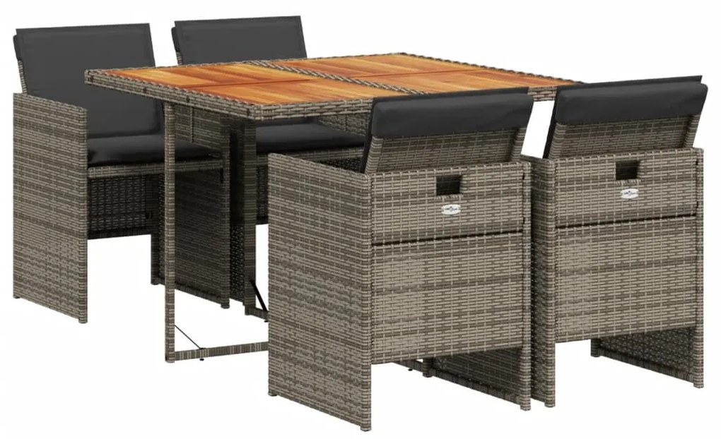 Set da pranzo da giardino 5 pz con cuscini in polyrattan grigio