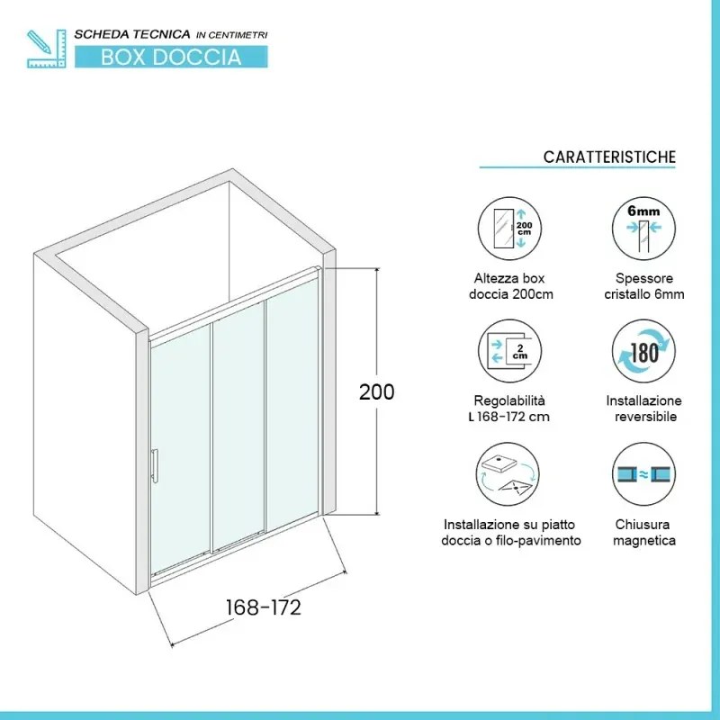 Porta doccia nicchia 170 cm scorrevole 3 ante opache H 200 cm Ted