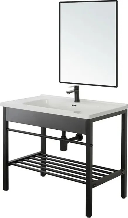 Mobile bagno a terra 80 cm stile industrial nero opaco con specchio Borg