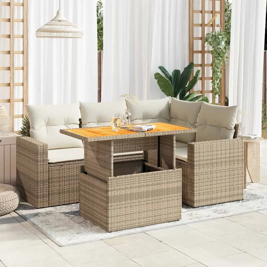 Set divano da giardino 5 pz con cuscini beige in polyrattan